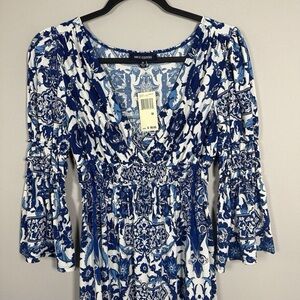 NWT Max Edition Medium Blue Ivory Floral Bell 3/4 Sleeve Knee Length Dress
